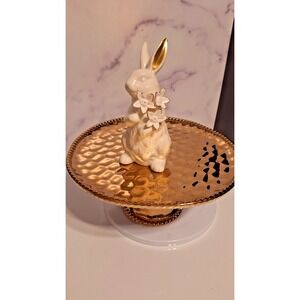 Pampa Bay Porcelain Cake Stand,‎ 11" Gold Matte, With White Porcel Rabbit